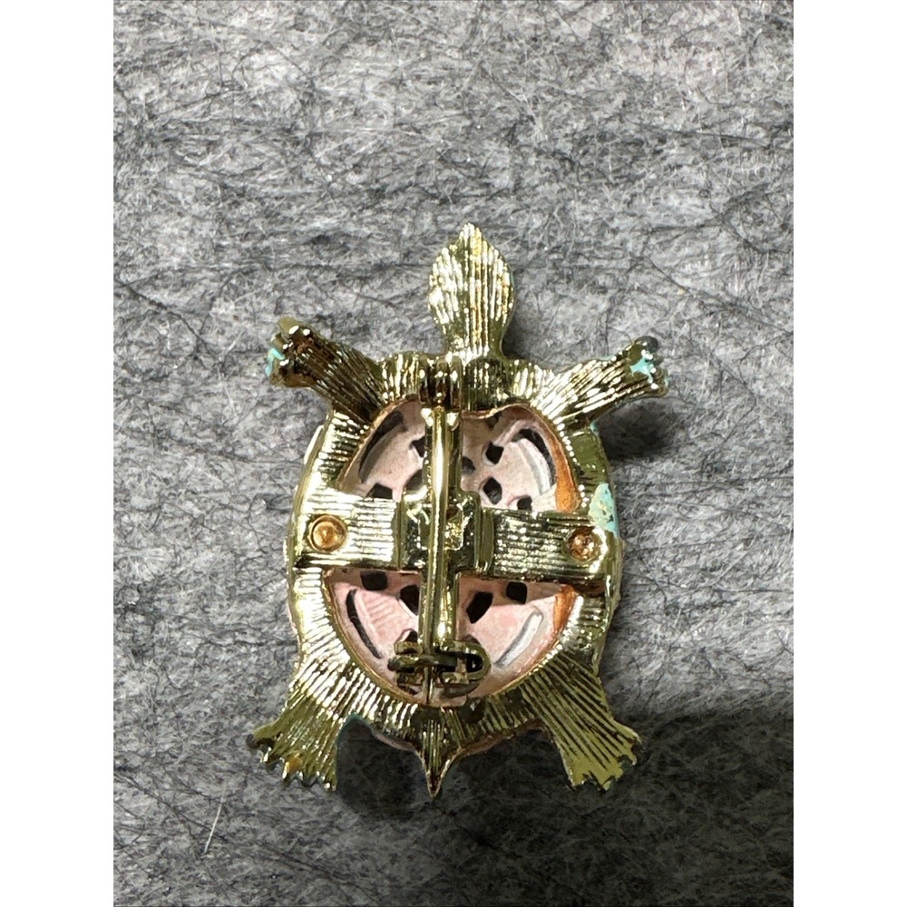 Sea Turtle Brooch Pin Enamel Rhinestone Gold Tone Pink Green Ocean - Picture 2 of 3